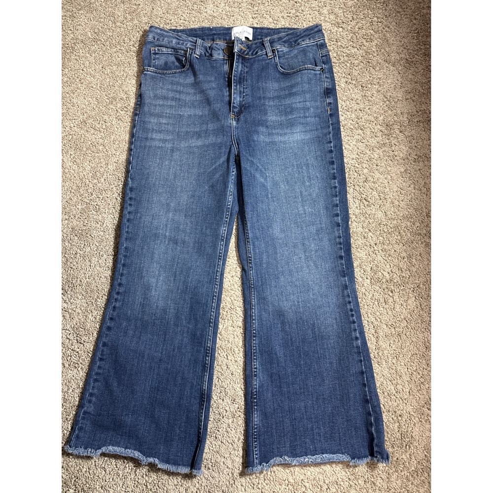 LOLA JEANS Women Medium Wash High Rise Wide Leg Raw Hem Denim Jeans Flared Blue